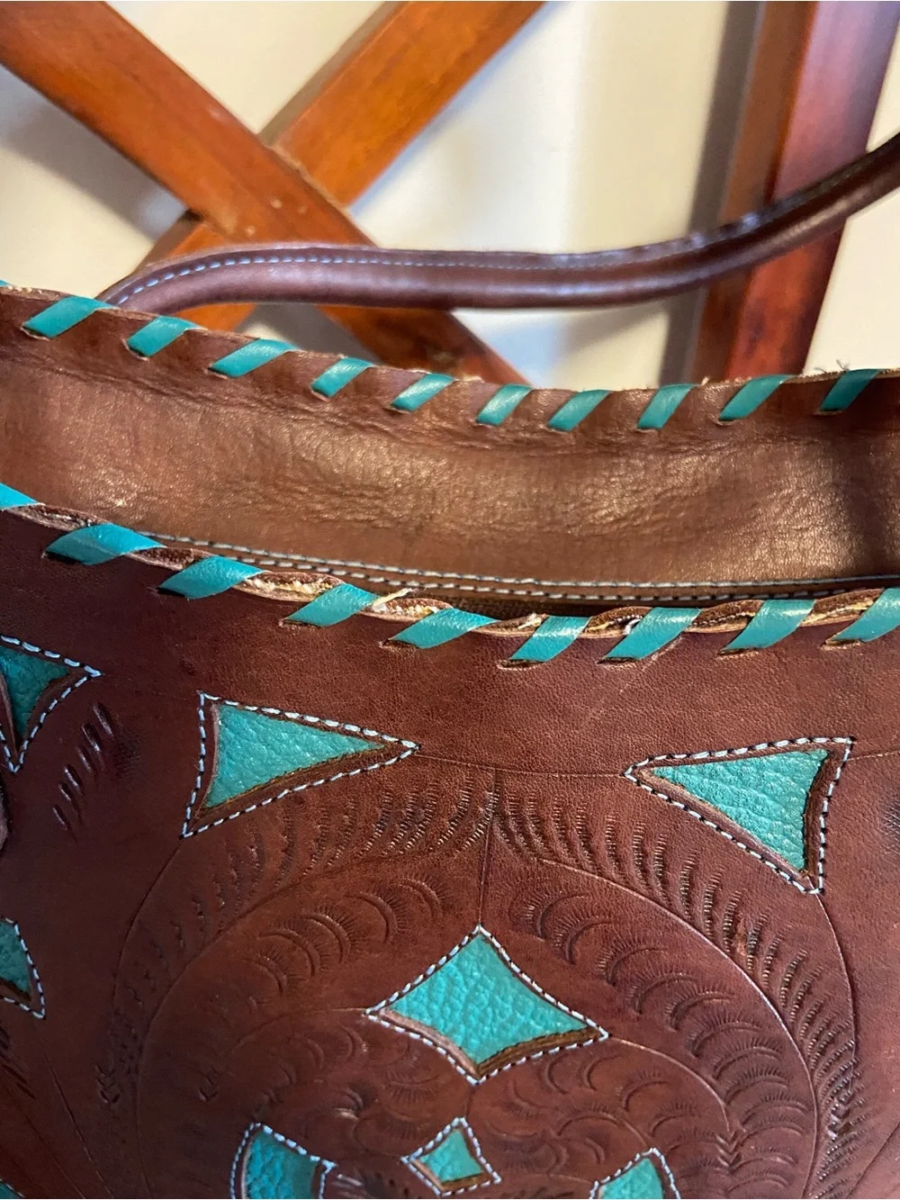 Leaders in Leather Paraguay Handbag Hand Tooled Cutout Satchel Brown Teal EUC
